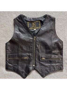 SHAF Black Genuine Leather Moto Biker Vest Women’s XS